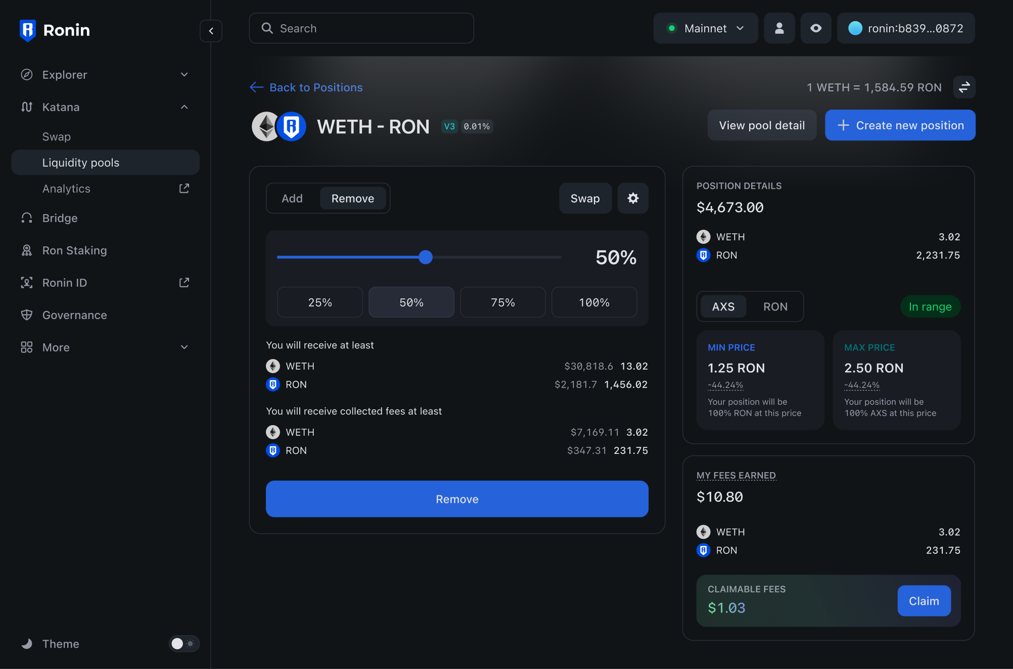 Remove liquidity panel